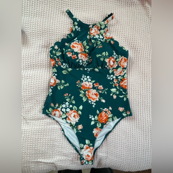 Cupshe Teal Floral Scalloped cottagecore romantic One Piece Swimsuit NWT SZ XL - Picture 9 of 12